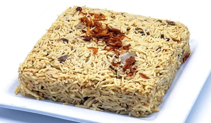 Nawabi Yakhni Pulao with long-grain rice, meat and crisp fried onions