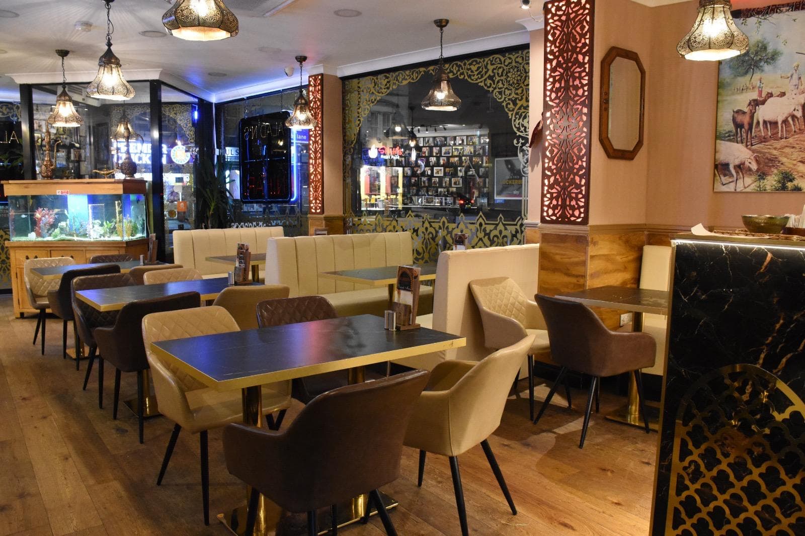 The warm dining room at Aladin in West Hendon